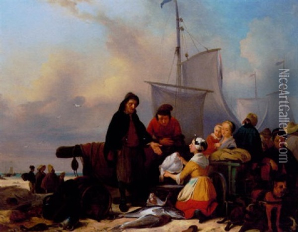 De Hjemvendte Fiskere Falbyder Dagens Fangst Oil Painting - Johan Janssens