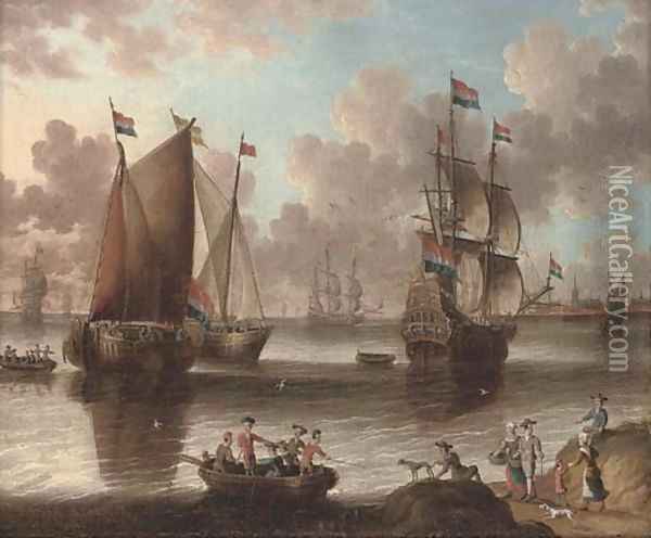 A Dutch warship and fishing vessels in a calm Oil Painting - Abraham Storck