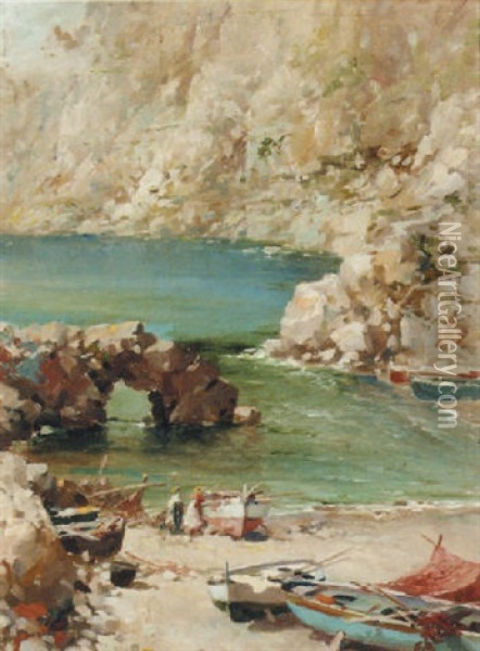 Beached Boats In A Mediterranean Cove Oil Painting - Pasquale Ruggiero