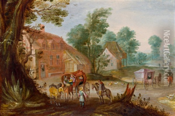 Eine Dorfstrase In Flandern Mit Reisenden In Einem Planwagen Oil Painting - Isaac Van Oosten