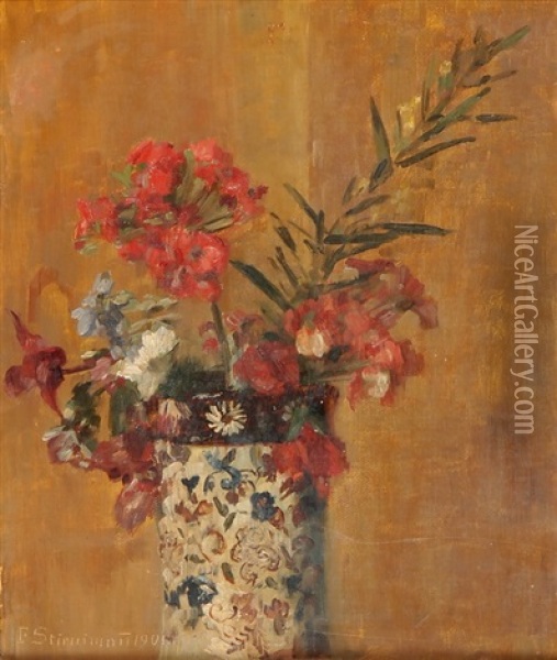 Blumenstrauss In Weisser Vase Mit Floralem Dekor Oil Painting - Fritz (Friedrich) Stirnimann