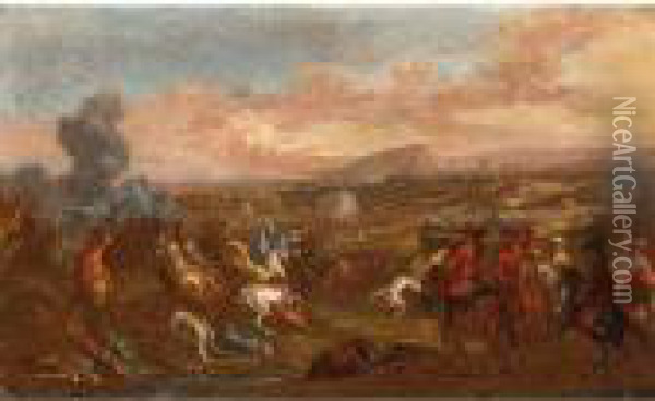 A Cavalry Battle Scene Oil Painting - Karel Van Breydel (Le Chevalier)