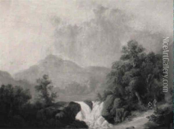 Figures On A Path Beside A Waterfall Oil Painting - Thomas Charles Leeson Rowbotham