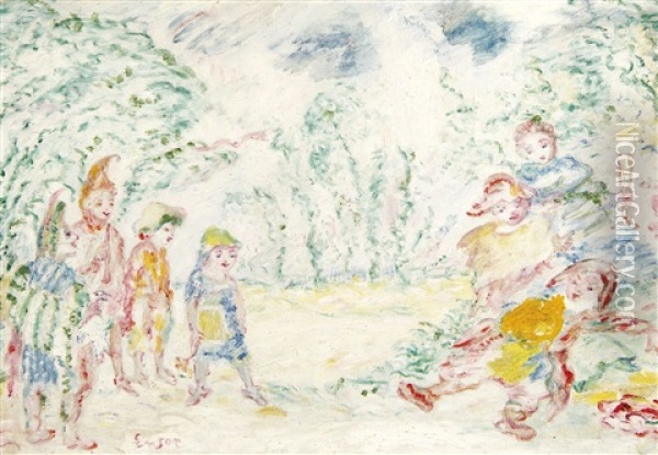 Gosses Multicolores En Liesse Sous La Feuillee - Jubilant Multicoloured Children Beneath The Trees (december 1938) Oil Painting - James Ensor