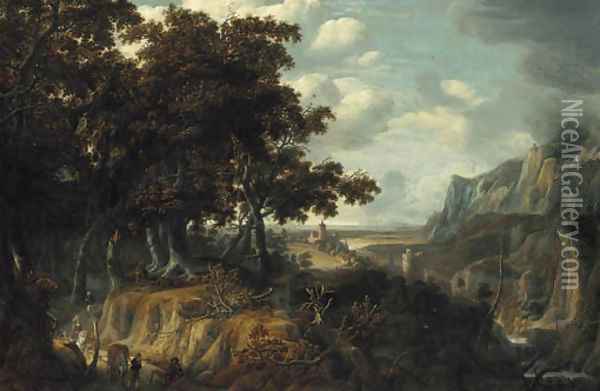 A wooded landscape with sportsmen returning from the hunt, a castle in a gorge beyond Oil Painting - Jan Looten