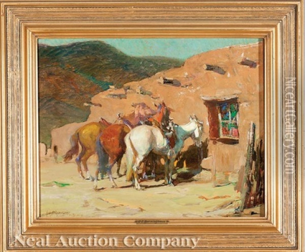 In A Street In Taos Oil Painting - Oscar Edmund Berninghaus