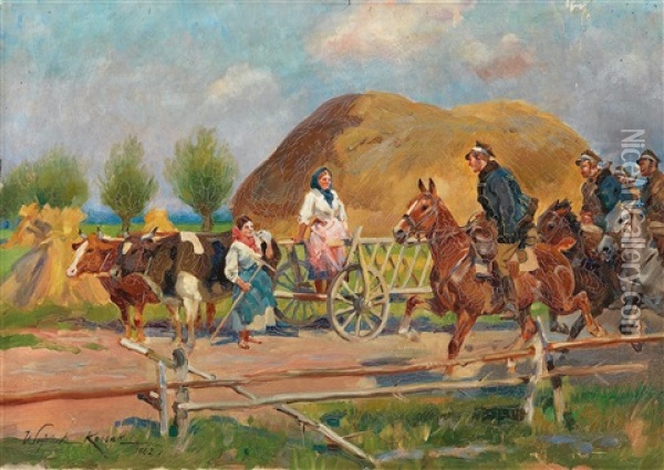 Encounter On The Village Road Oil Painting - Woiciech (Aldabert) Ritter von Kossak