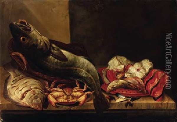 Still Life Of A Plaice, A Cod, Crab, Mussels, A Gurnard And Fish Steaks On A Ledge Oil Painting - Isaac Van Duynen