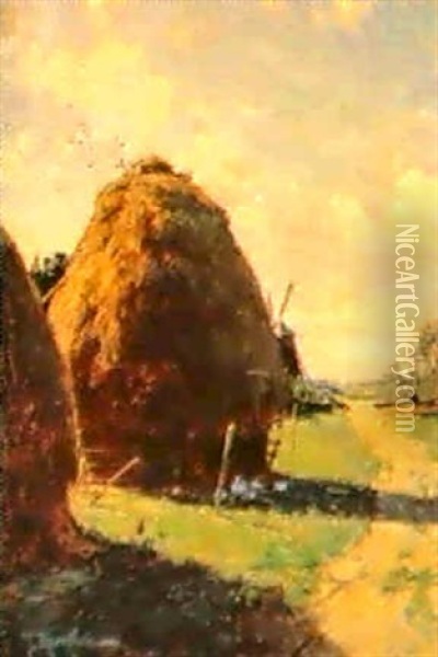 Halmstackar Oil Painting - Johan Fredrik Krouthen