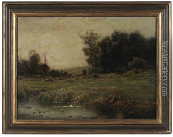 Autumn Landscape (farmhouse Across A Field) Oil Painting - Arthur Parton