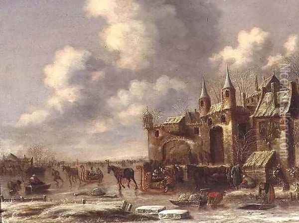 Townsfolk on the ice by a town gate Oil Painting - Thomas Heeremans