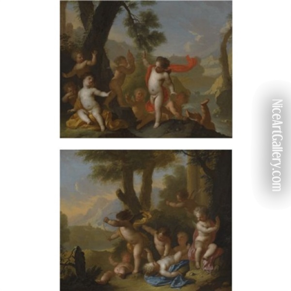 Landscapes With Putti Cavorting In A Landscape (+ Another; Pair) Oil Painting - Matthaeus (Arent) Terwesten