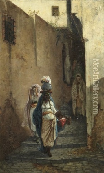 Femmes Dans Une Rue D'alger, Women In A Algiers Street Oil Painting - Marc Alfred Chataud