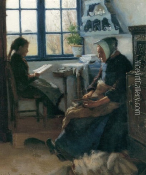 Interior Med Kvinna Och Lasande Flicka Vid Fonstret Oil Painting - Hans Andersen Brendekilde