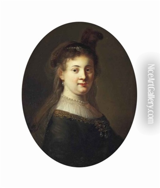 Portrait Of A Lady, Possibly Saskia Van Uylenburgh (1612-1642), Half-length, In A Bejewelled Dress And Headdress, In A Painted Oval Oil Painting -  Rembrandt van Rijn