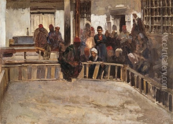 Sketch Of The Cockfight Oil Painting - Ferencz Franz Eisenhut