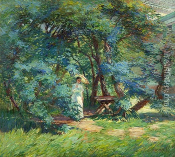 Woman With Parasol In A Garden Oil Painting - Arthur Watson Sparks