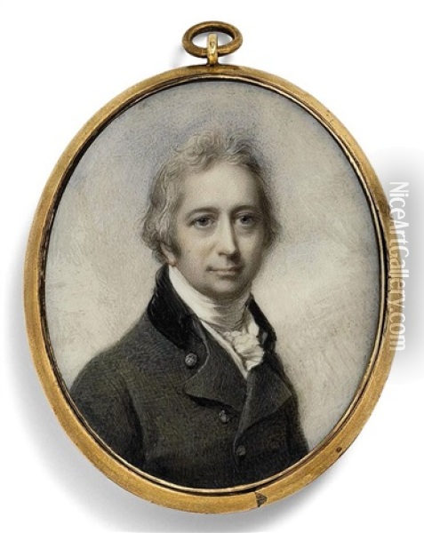 A Gentleman, In Dark Double-breasted Coat, Black Velvet Collar, White Knotted Cravat, Powdered Hair; Sky Background Oil Painting - Richard Cosway