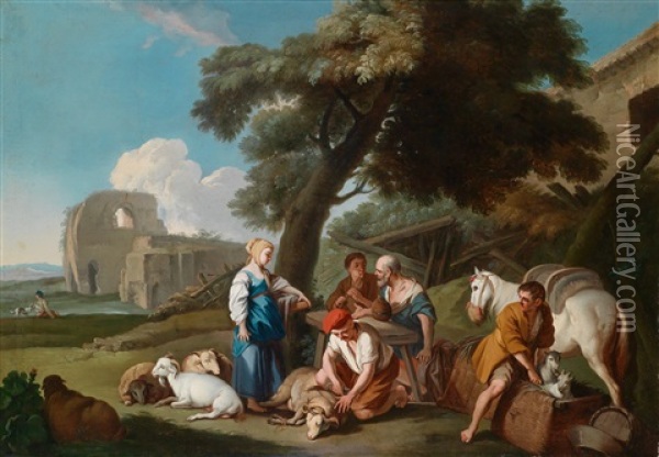 Landliche Szene Mit Bauern Bei Der Schafschur (+ Landliche Szene Mit Trinkenden Bauern Vor Ruinen; 2 Works) Oil Painting - Paolo Monaldi