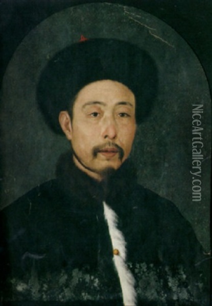 A Portrait Of A Chinese Man Wearing A Black Fur Cap And A Black Coat With A White Fur Trim And A Fur Collar Oil Painting - Jean-Denis Attiret