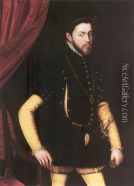 Portrait Of King Philip Ii Of Spain Wearing A Black Slashed Over-suit And Yellow Under-suit, With The Order Of The Garter Oil Painting - Antonis Mor Van Dashorst