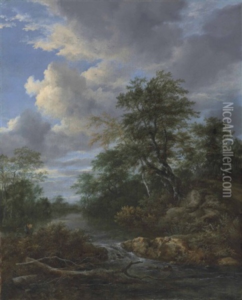 A Wooded River Landscape With A Family At Rest On A Track Oil Painting - Jacob Van Ruisdael