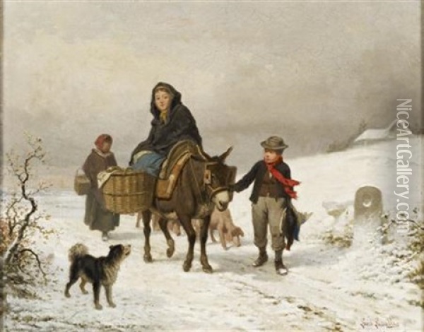 Donkey Ride In The Snow Oil Painting - Louis Simon Cabaillot Lassalle