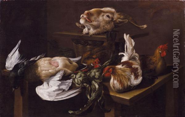 Testa Di Caprone, Galline E Carciofi Oil Painting - Giacomo Legi