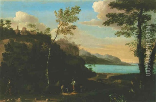 A Wooded Landscape With Peasants Resting On A Track, A Lake Beyond Oil Painting - Jan Miel
