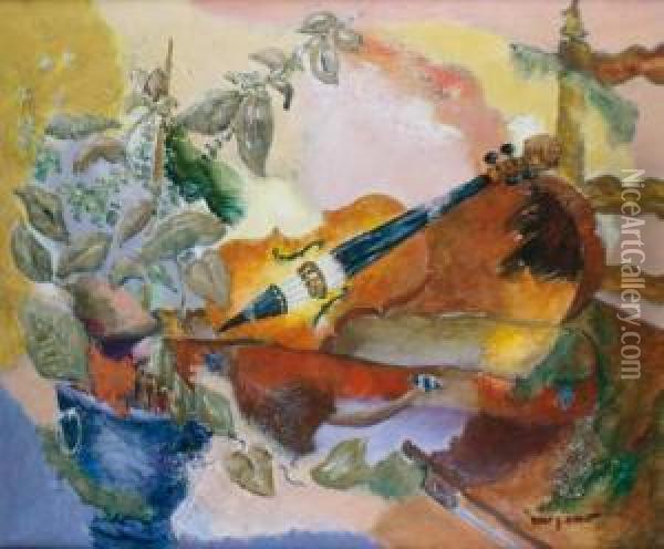 Nature Morte Au Violon Et Au Vase De Fleurs Oil Painting - Robert Schmidt