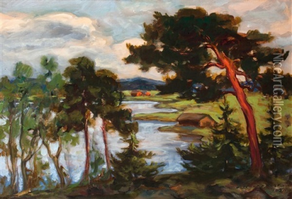 Landscape With Pine Trees Oil Painting - Jalmari Ruokokoski