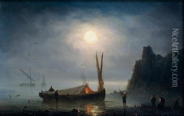 Pecheurs Au Clair De Lune Oil Painting - Herminie Gudin