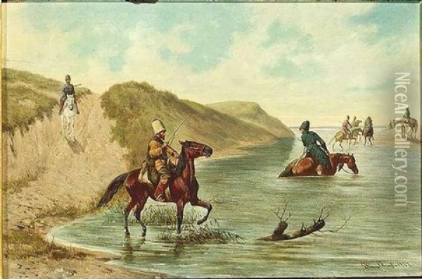 Tscherkessen Zu Pferd Uberqueren Einen Fluss Oil Painting - Franz Quaglio
