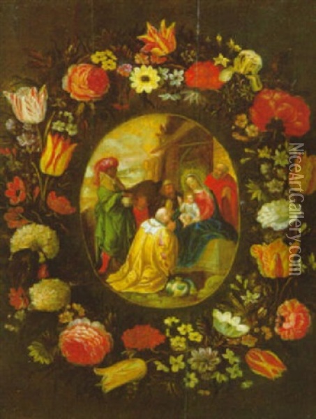 Anbetung Der Konige Im Blumenkranz Oil Painting - Frans Francken III