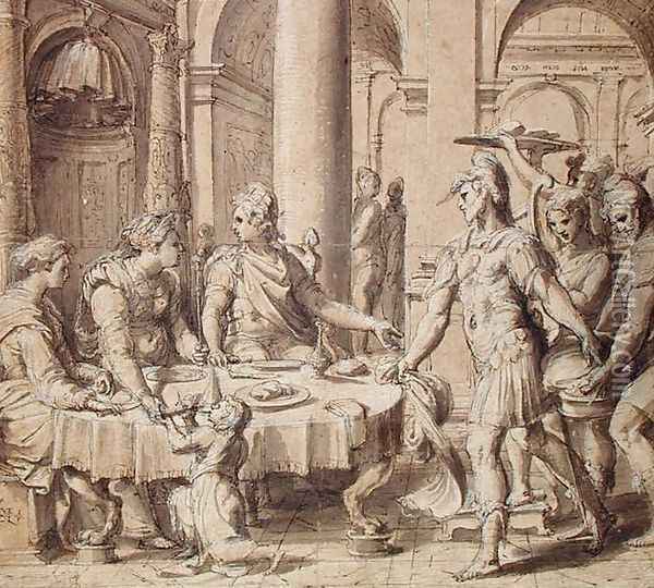 The Banquet of Dido and Aeneas, model for a tapestry in the Story of Aeneas series, c.1532 Oil Painting - Perino del Vaga (Pietro Bonaccors)