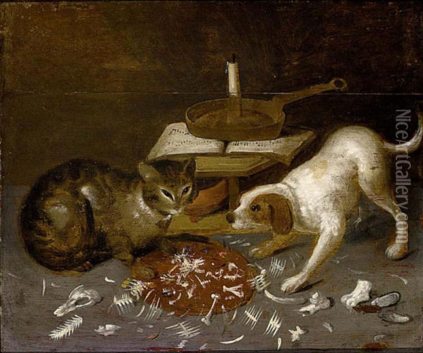 A Cat And A Dog Eating A Fishbone Oil Painting - Cvq Monogrammist