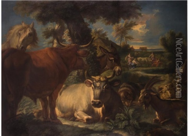 Landschaft Mit Rindern, Pferd, Esel Und Horntieren Mit Mythologischer Darstellung Oil Painting - Pieter Mulier the Younger