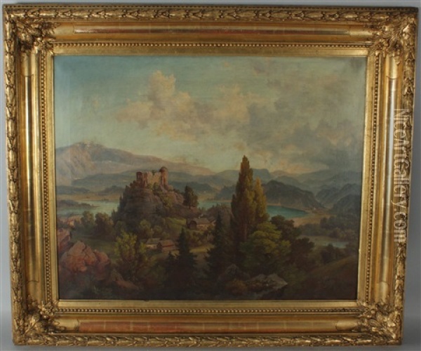 Blick Auf Die Burg Finkenstein, Im Hintergrund Der Faakersee, Die Burgruine Landskron Und Die Gerlitzen Oil Painting - Jakob Canciani