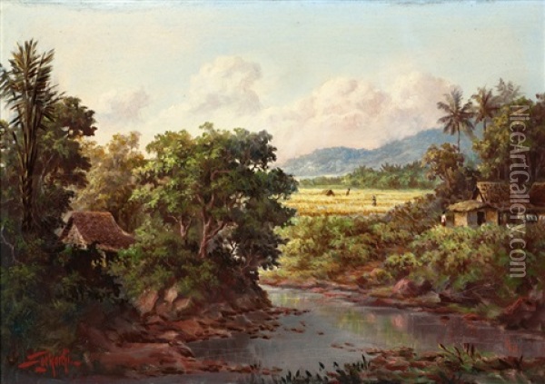 View Of Paddy Fields With A River In The Foreground Oil Painting -  Soekardji
