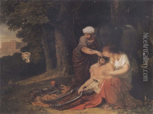 Erminia And Valfrino Tending The Wounded Tancred Oil Painting - Louis Gauffier