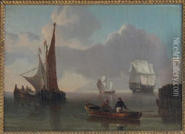 Harbor With Galleon, Sail Boats And Fishermen In A Rowboat Oil Painting - Charles Martin Powell