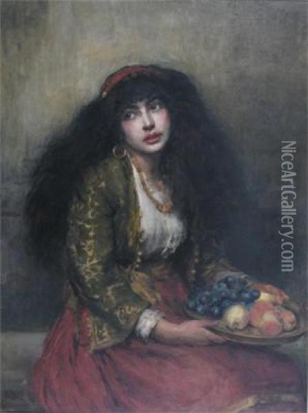 A Gypsy Girl With A Bowl Of Fruit Oil Painting - Joseph Mordecai