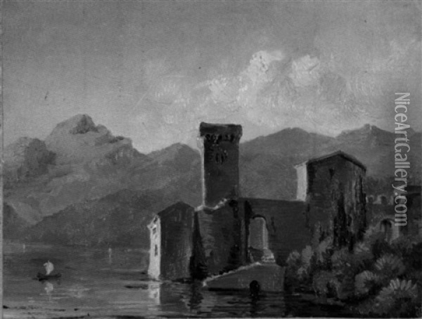 Hauser Und Wohnturm Am See, Im Hintergrund Berge Oil Painting - Franz Theodore Grosse
