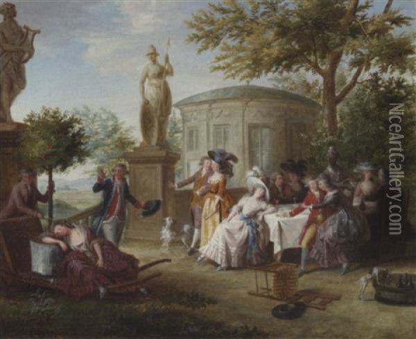 Elegant Company Dining In An Ornamental Garden, A Rotunda And A Landscape Beyond Oil Painting - Niklas Lafrensen the Younger