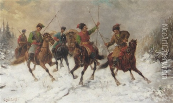 Cavalrymen With Spears Oil Painting - Adolf (Constantin) Baumgartner-Stoiloff