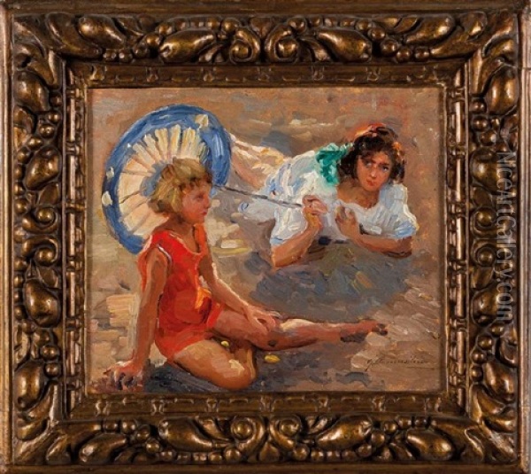 Ragazze Sulla Spiaggia Oil Painting - Giuseppe Pennasilico