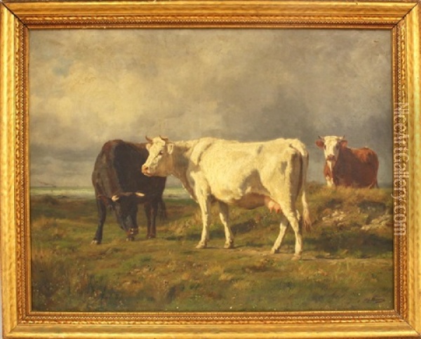 Three Cows In Shoreline Pasture Oil Painting - Adolphe Charles Marais