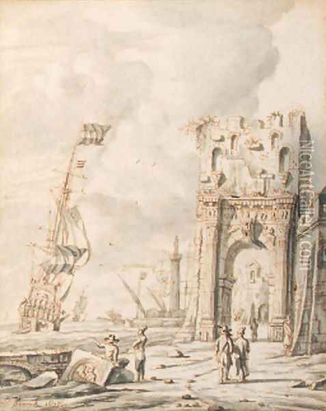 A Mediterranean harbour scene with figures by a gate, a Dutch man o'war nearby Oil Painting - Jacobus Storck