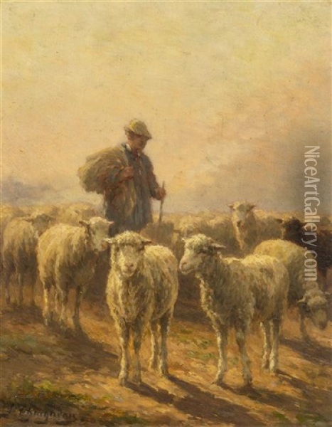 Shepherd And Sheep At Twilight Oil Painting - Jean Ferdinand Chaigneau