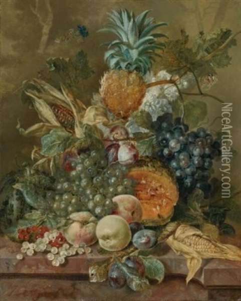 A Pineapple, Plums, Grapes And Other Fruit With Corn On A Marble Ledge Oil Painting - Jacobus Linthorst